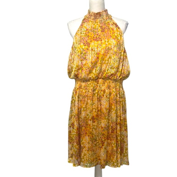 BCBG Paris Floral Yellow Halter Dress pink and green Elastic waistband XL - Picture 2 of 8